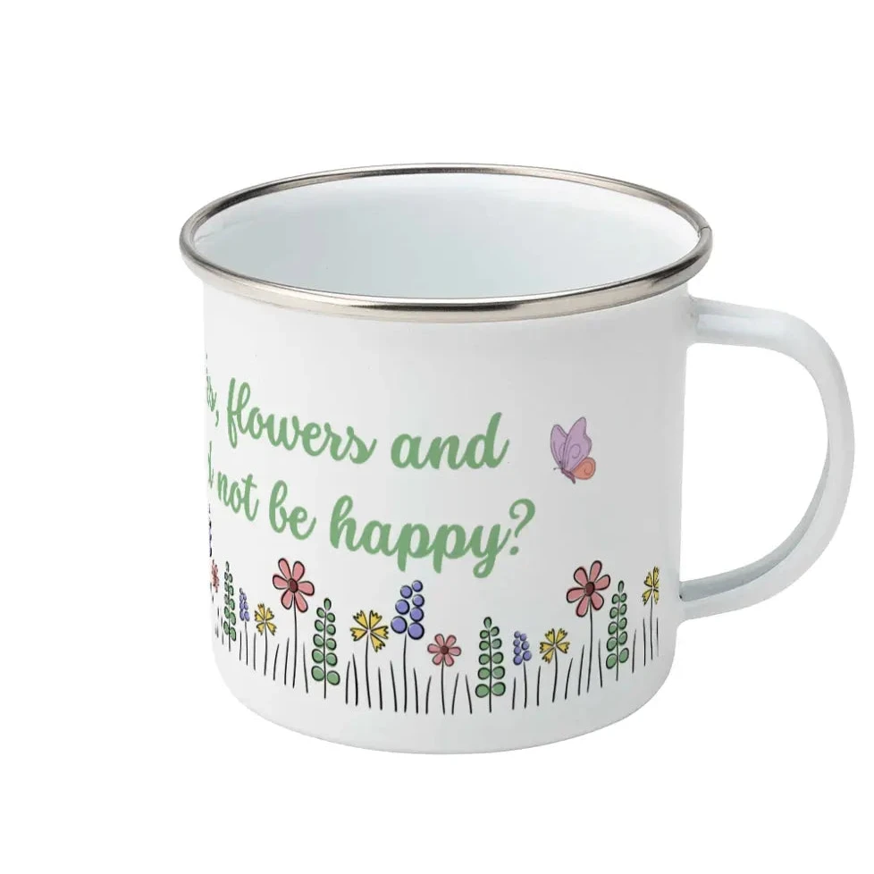 White enamel bug with floral design and text on a white background, featuring an inspirational quote b Oscar Wilde: "With freedom, books, flowers and the moon who could not be perfectly happy?"