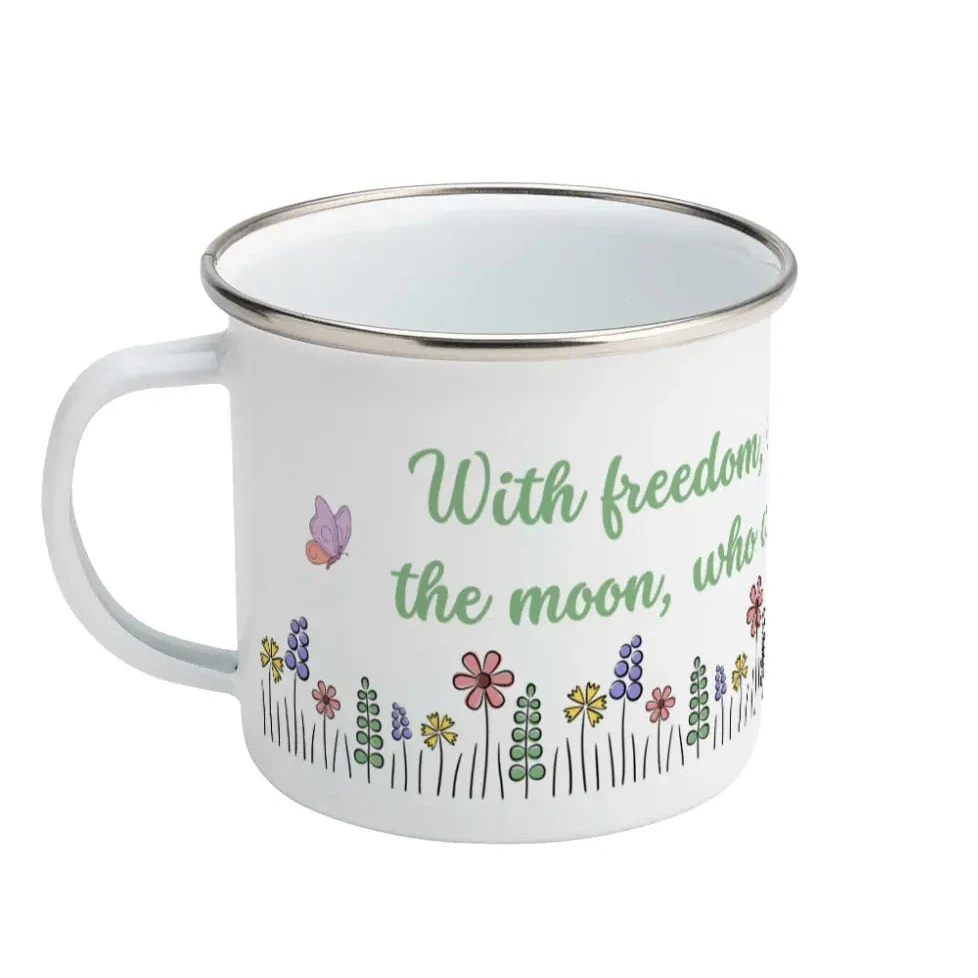 White enamel bug with floral design and text on a white background, featuring an inspirational quote b Oscar Wilde: "With freedom, books, flowers and the moon who could not be perfectly happy?"