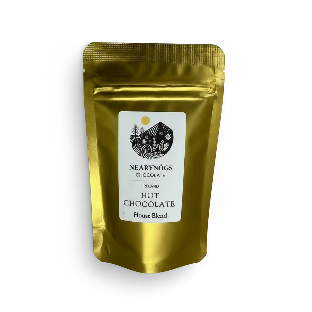Gold packaging of Nearynogs Chocolate Hot Chocolate House Blend on a white background