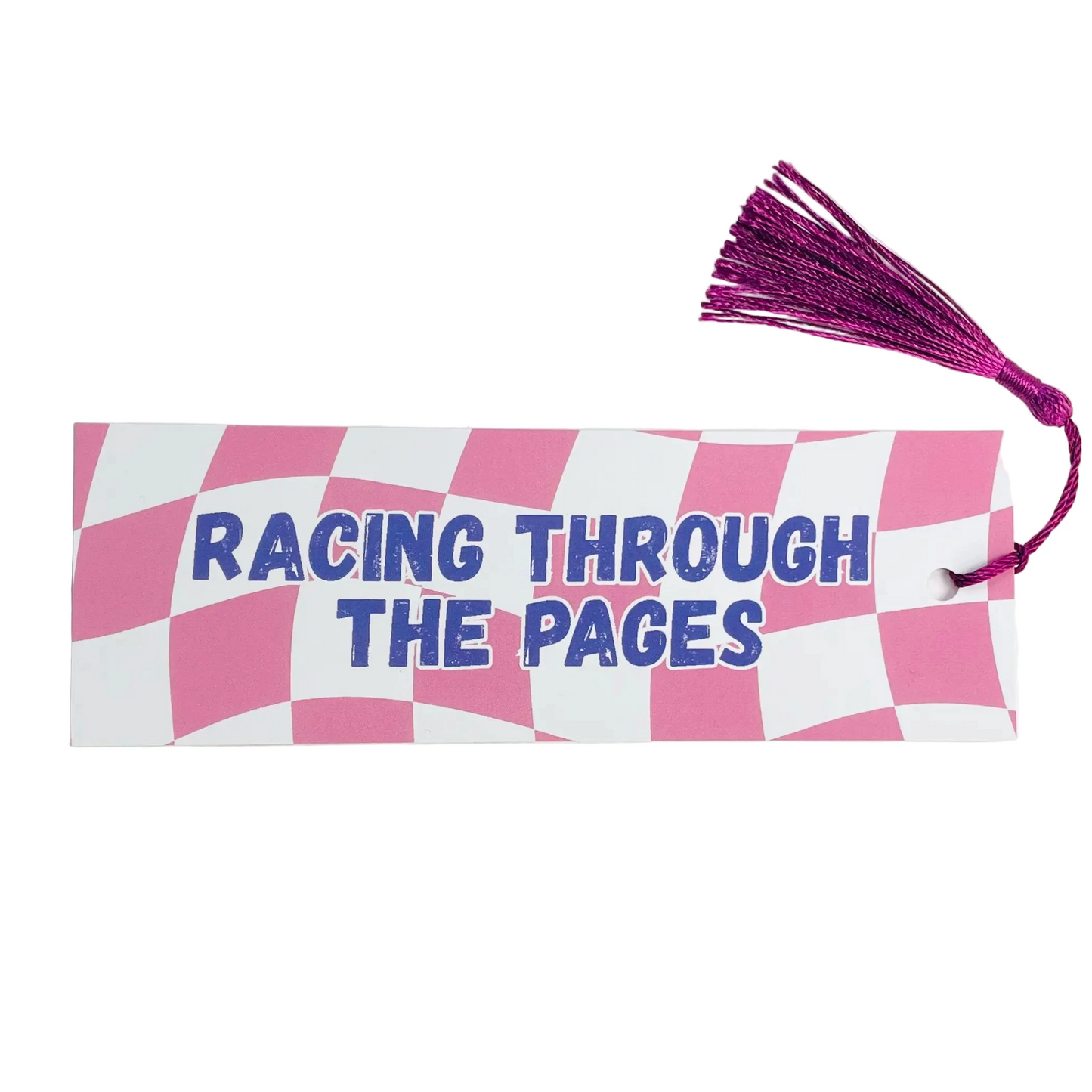 Images shows a bookmark with the words 'Racing Through The Pages' against a pink and white chequered flag inspired background