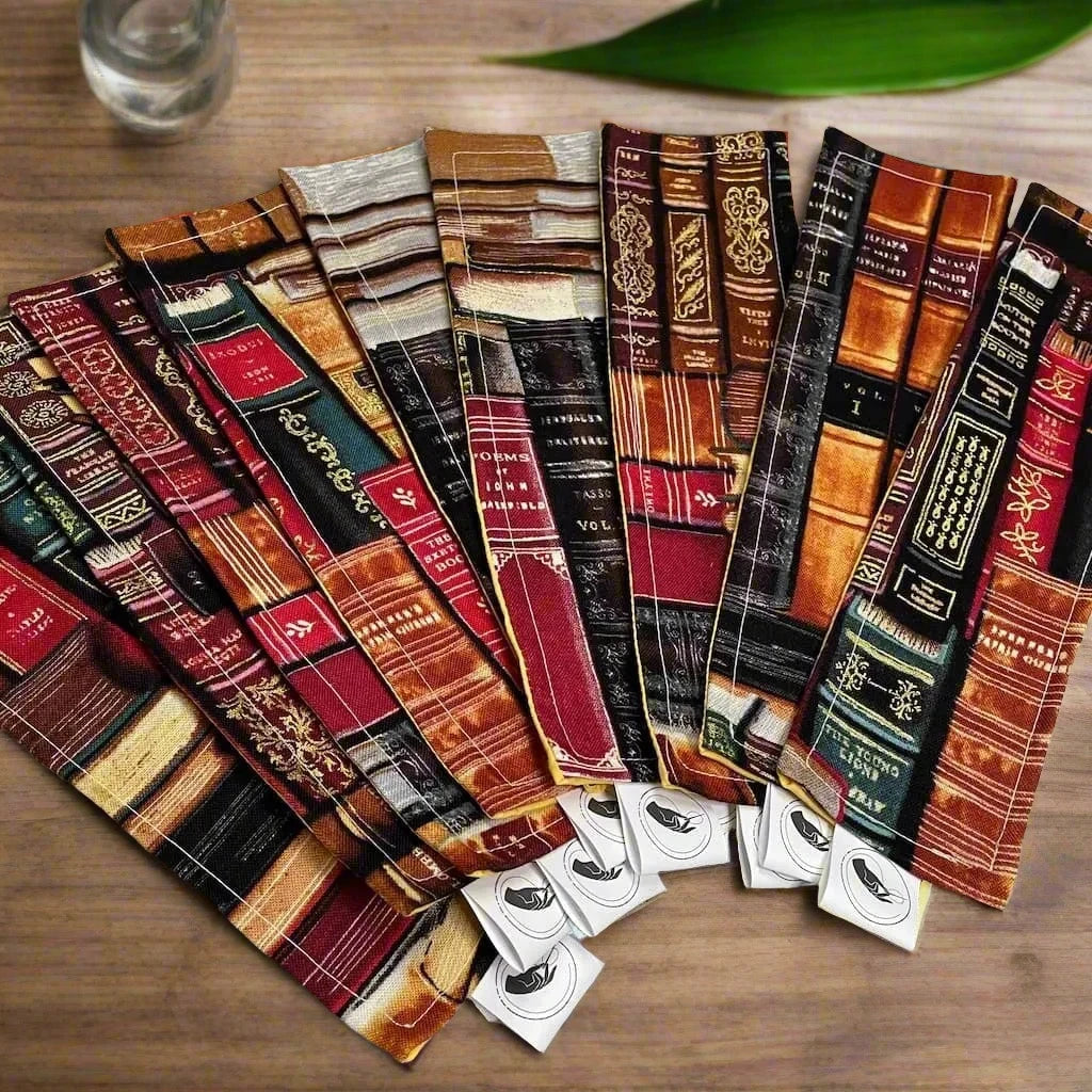 Book-themed fabric bookmark, made by Remnant Magic