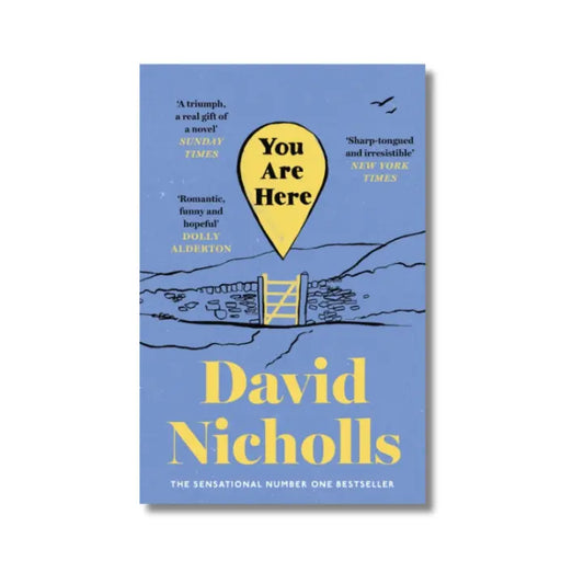 Book cover of 'You Are Here' by David Nicholls with a blue background and yellow text.