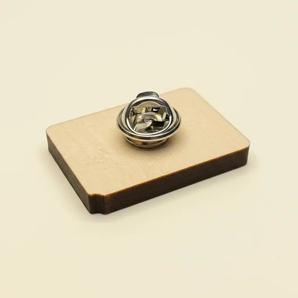 Metallic pin back on a wooden literary pin badge