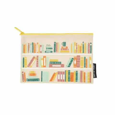 A zippered pouch with a bookshelf theme, made by Out of Print - an ideal literary gift for booklovers, readers and bibliophiles