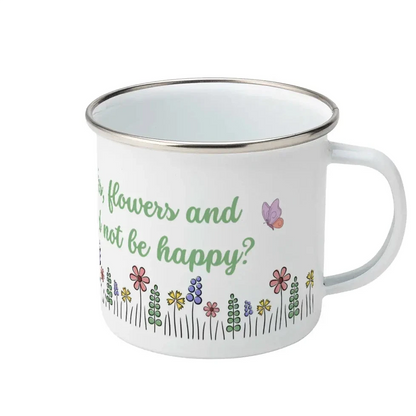White enamel bug with floral design and text on a white background, featuring an inspirational quote b Oscar Wilde: "With freedom, books, flowers and the moon who could not be perfectly happy?"