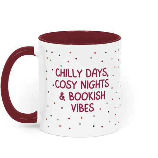 Cosy Winter Reading Mug For Book-lovers featuring the phrase "Chilly Days, Cosy Nights & Bookish Vibes" in red lettering against a festive red and green polka dot design - a perfect Christmas gift for book-lovers this holiday season.