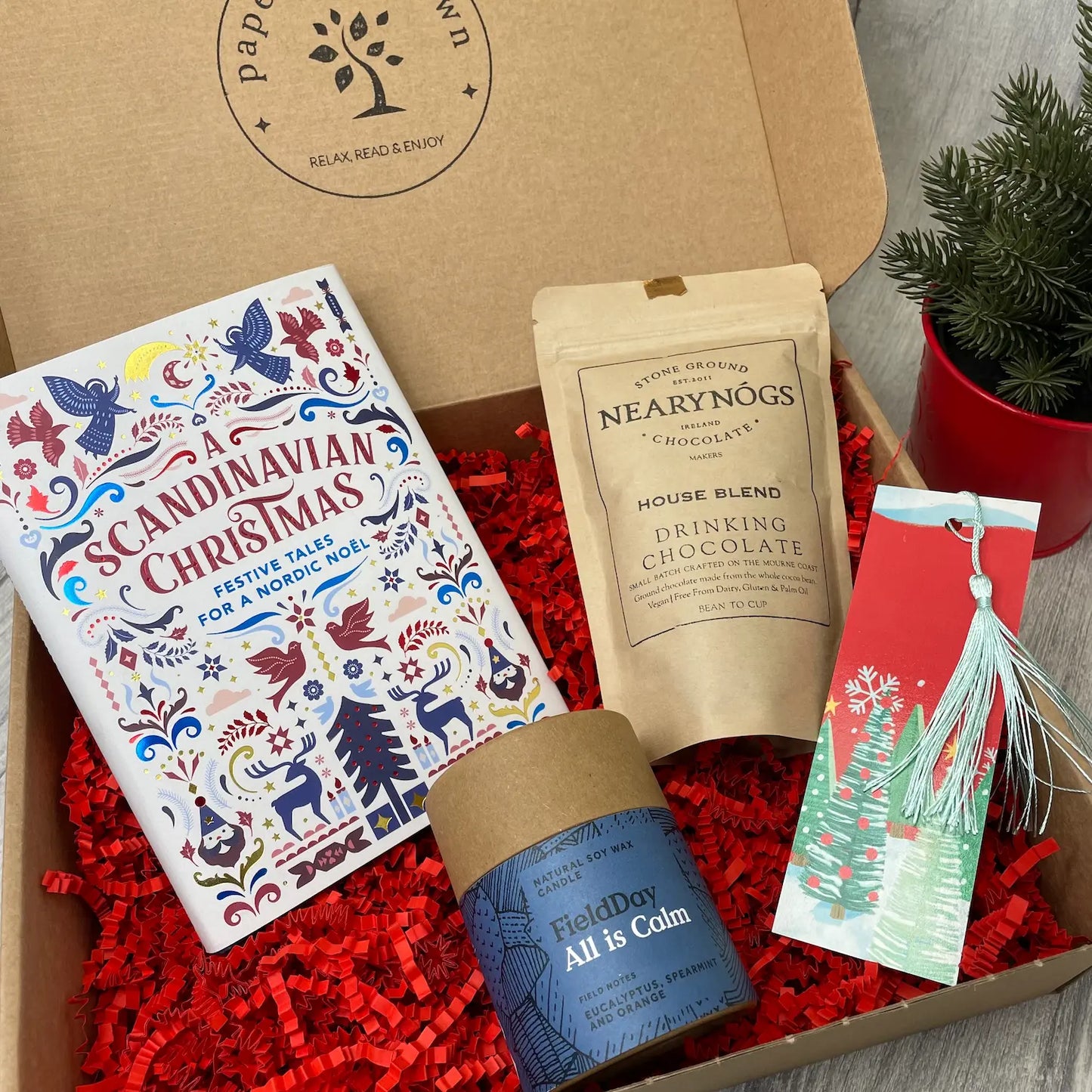 Christmas Eve Gift Box with A Scandinavian Christmas, Hot Chocolate and a candle