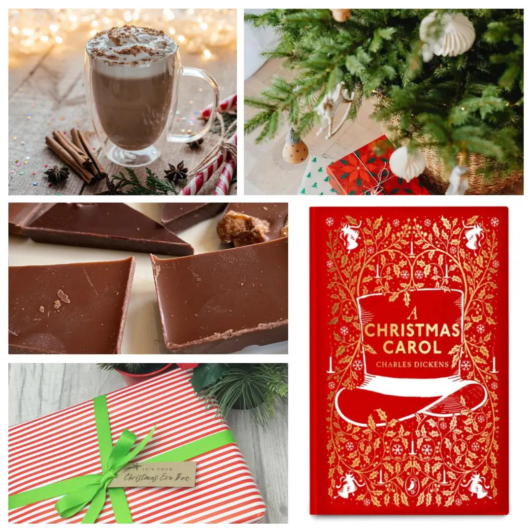 Collage of Christmas-themed items including hot chocolate, chocolate slates, and 'A Christmas Carol' book, as included in Paperback Down's Christmas Eve Box for Book Lovers