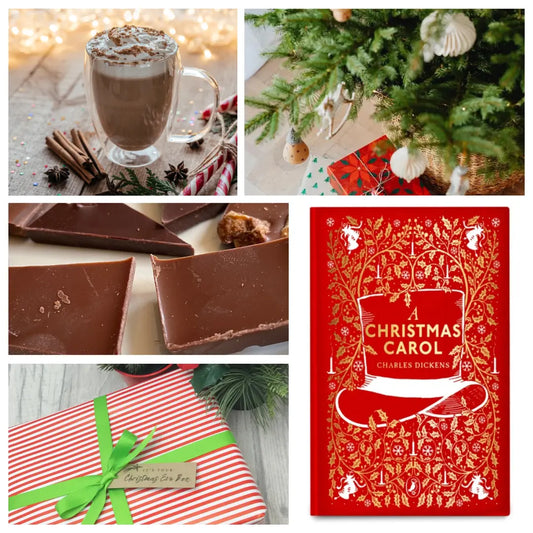 Collage of Christmas-themed items including hot chocolate, chocolate slates, and 'A Christmas Carol' book, as included in Paperback Down's Christmas Eve Box for Book Lovers