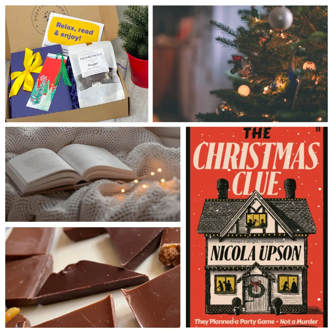 Collage of Christmas-themed items including a book, chocolate, and a festive reading gift box.