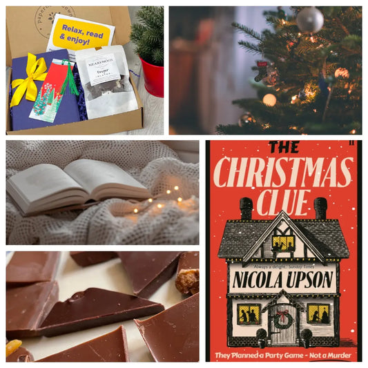 Collage of Christmas-themed items including a book, chocolate, and a festive reading gift box.
