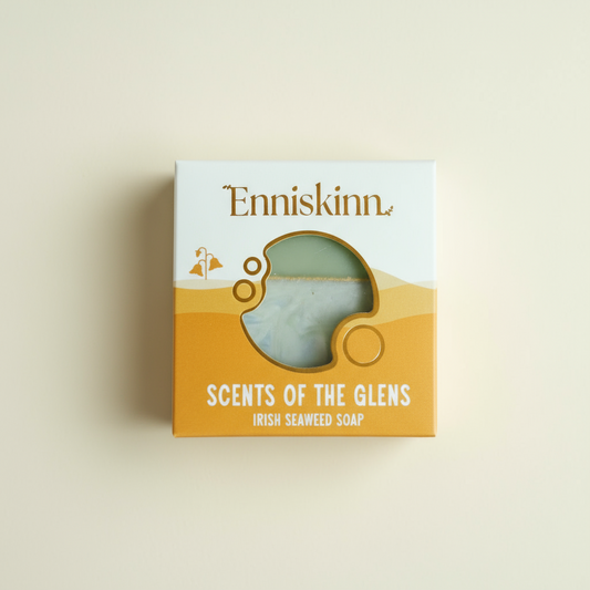 Enniskinn Irish Seaweed Soap, in Scent of the Glens,  boxed and on a cream background