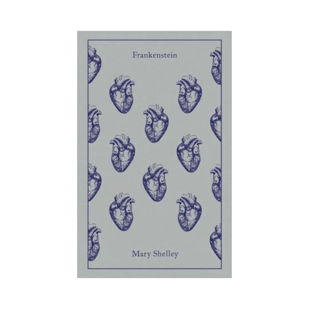 A Penguin Clothbound Classic edition of Frankenstein by Mary Shelley, with a grey and blue heart pattern cover