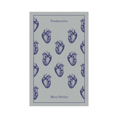 A Penguin Clothbound Classic edition of Frankenstein by Mary Shelley, with a grey and blue heart pattern cover