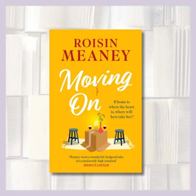 Book cover of 'Moving On' by Roisin Meaney on a white and gray checkered background