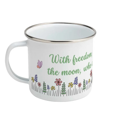 White enamel bug with floral design and text on a white background, featuring an inspirational quote b Oscar Wilde: "With freedom, books, flowers and the moon who could not be perfectly happy?"