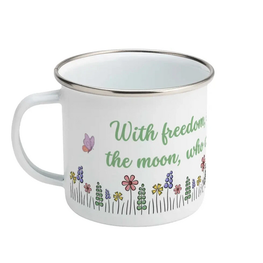 White enamel bug with floral design and text on a white background, featuring an inspirational quote b Oscar Wilde: "With freedom, books, flowers and the moon who could not be perfectly happy?"