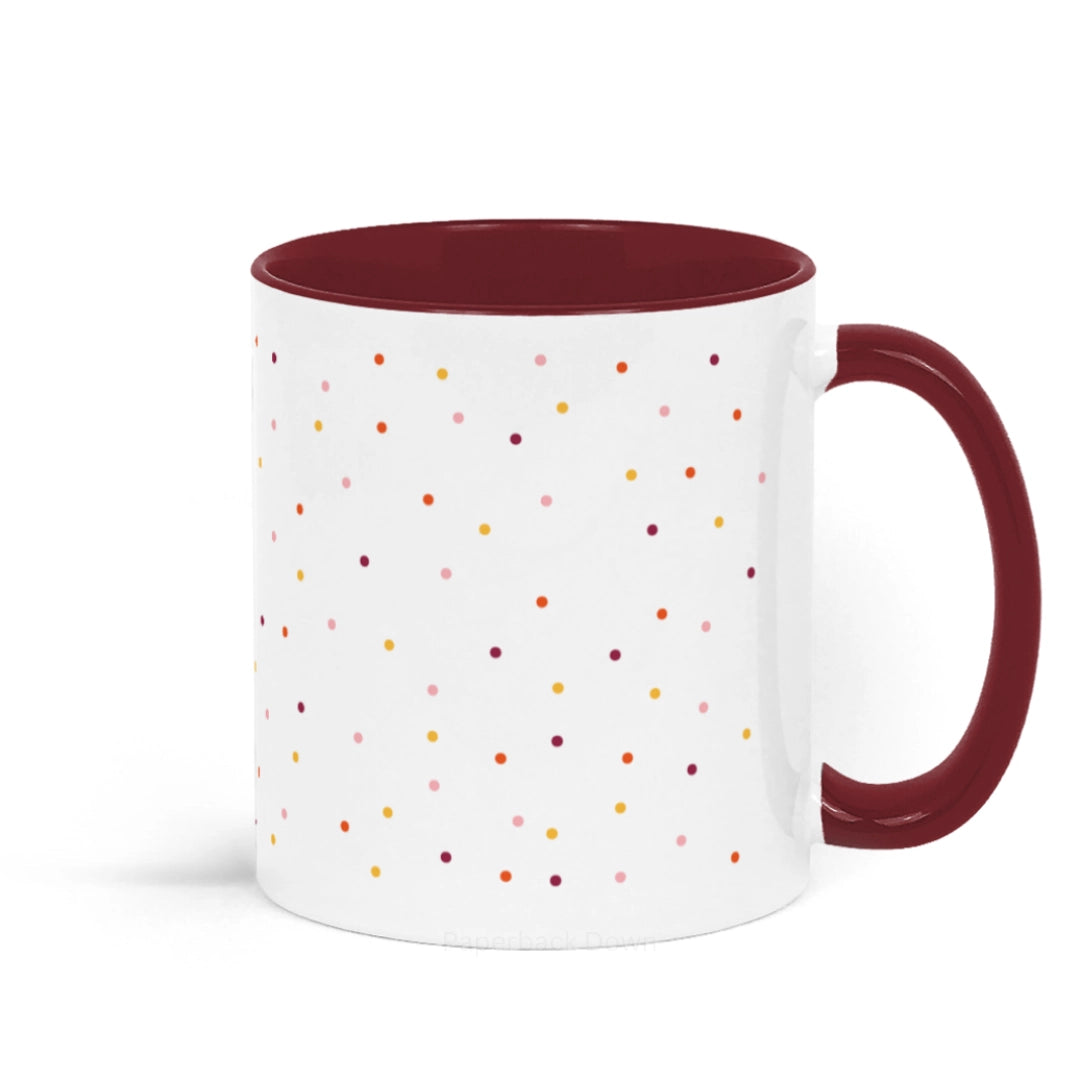 Rear view of Book Lover Mug - Little Women - She is too fond of books and it has turned her brain - Red and White Ceramic Mug with Polka Dot pattern