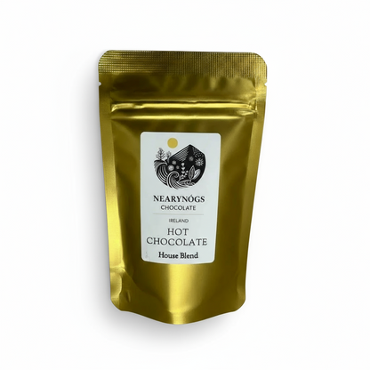 Gold packaging of Nearynogs Chocolate Hot Chocolate House Blend on a white background
