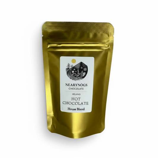 Gold packaging of Nearynogs Chocolate Hot Chocolate House Blend on a white background