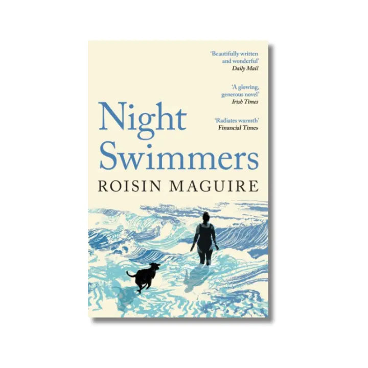 Book cover of 'Night Swimmers' by Roisin Maguire with a silhouette of a person and dog walking on a beach.