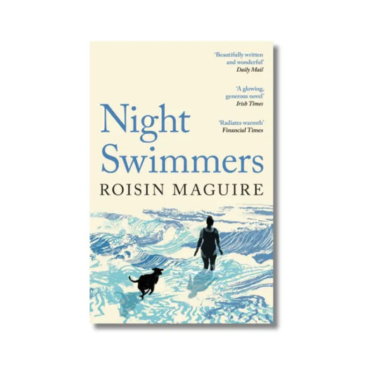 Book cover of 'Night Swimmers' by Roisin Maguire with a silhouette of a person and dog walking on a beach.