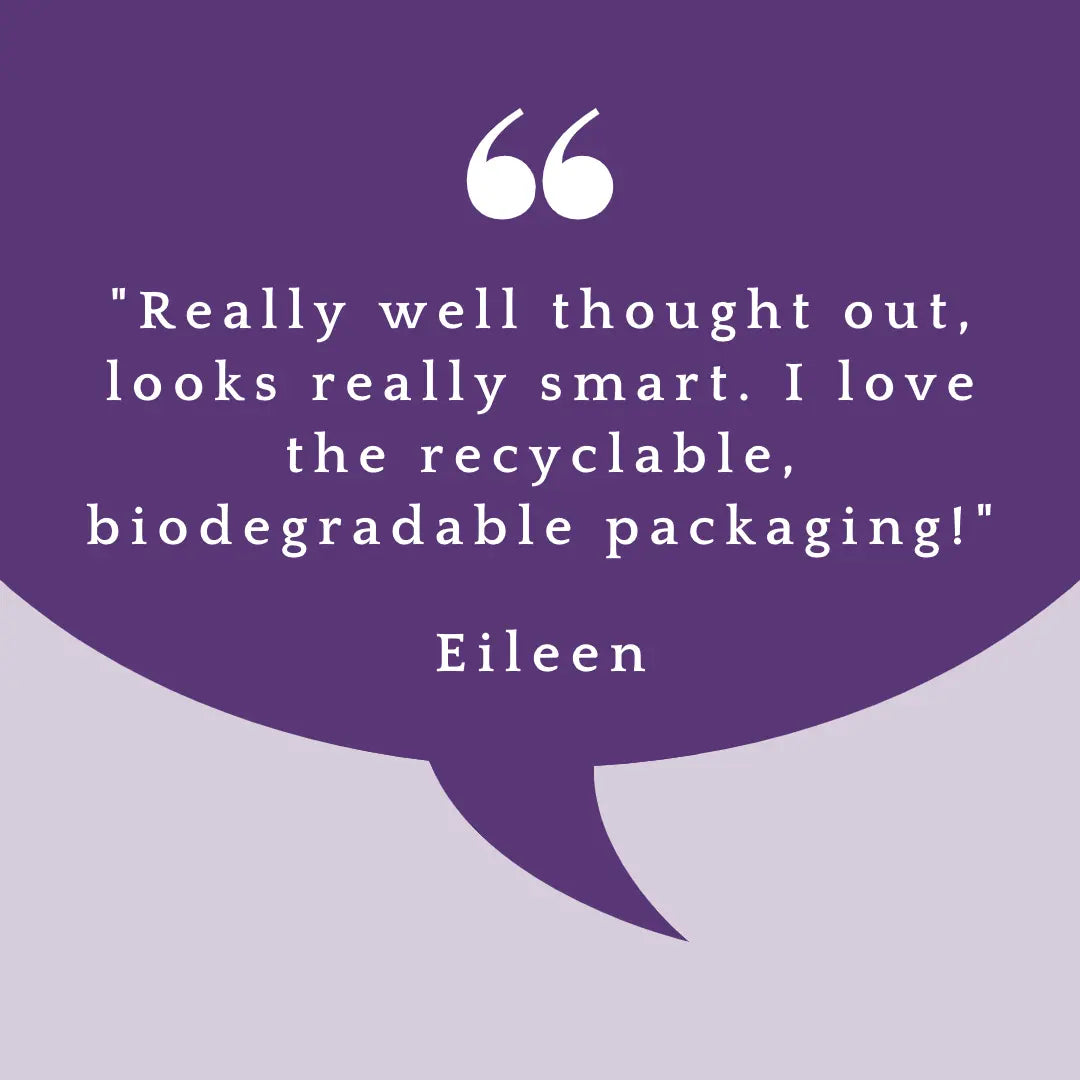 Image shows a customer review for Paperback Down which says "Really well thought out, looks really smart. I love the recyclable, biodegradable packaging!"