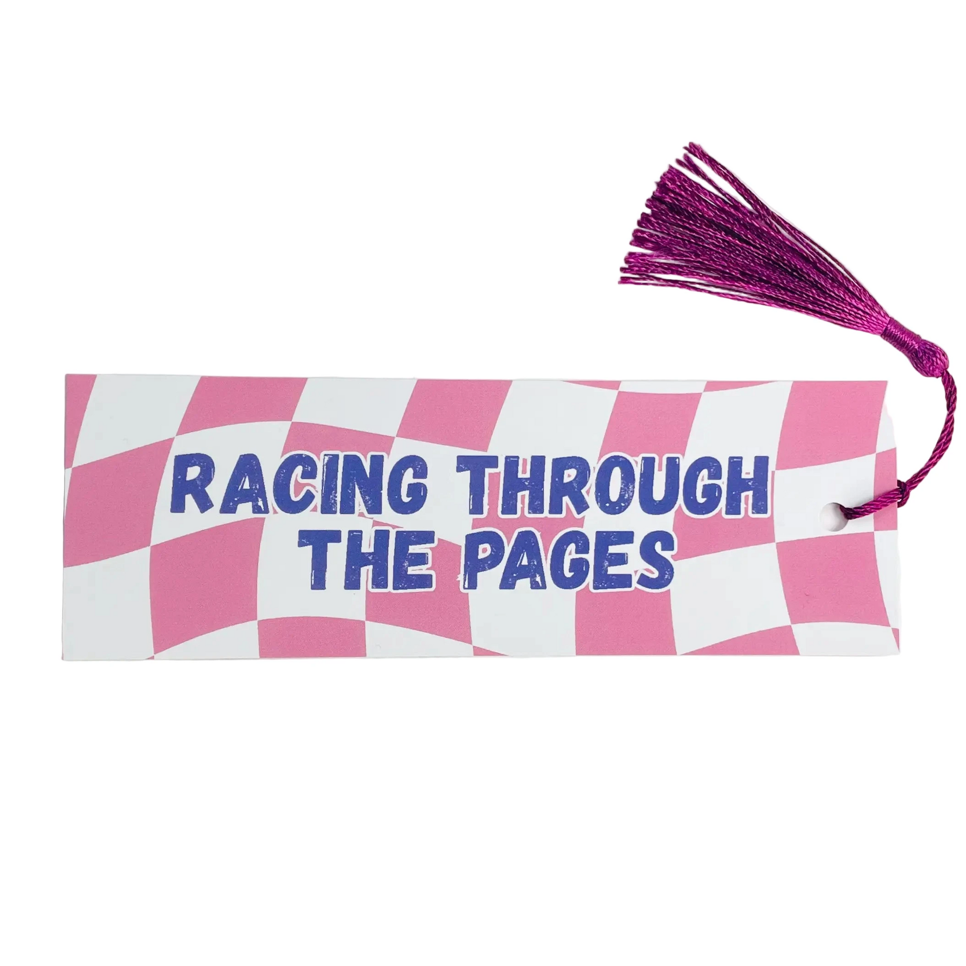 Images shows a bookmark with the words 'Racing Through The Pages' against a pink and white chequered flag inspired background