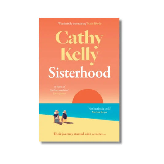 Book cover of 'Sisterhood' by Cathy Kelly with a sunset and two people on a beach illustration.