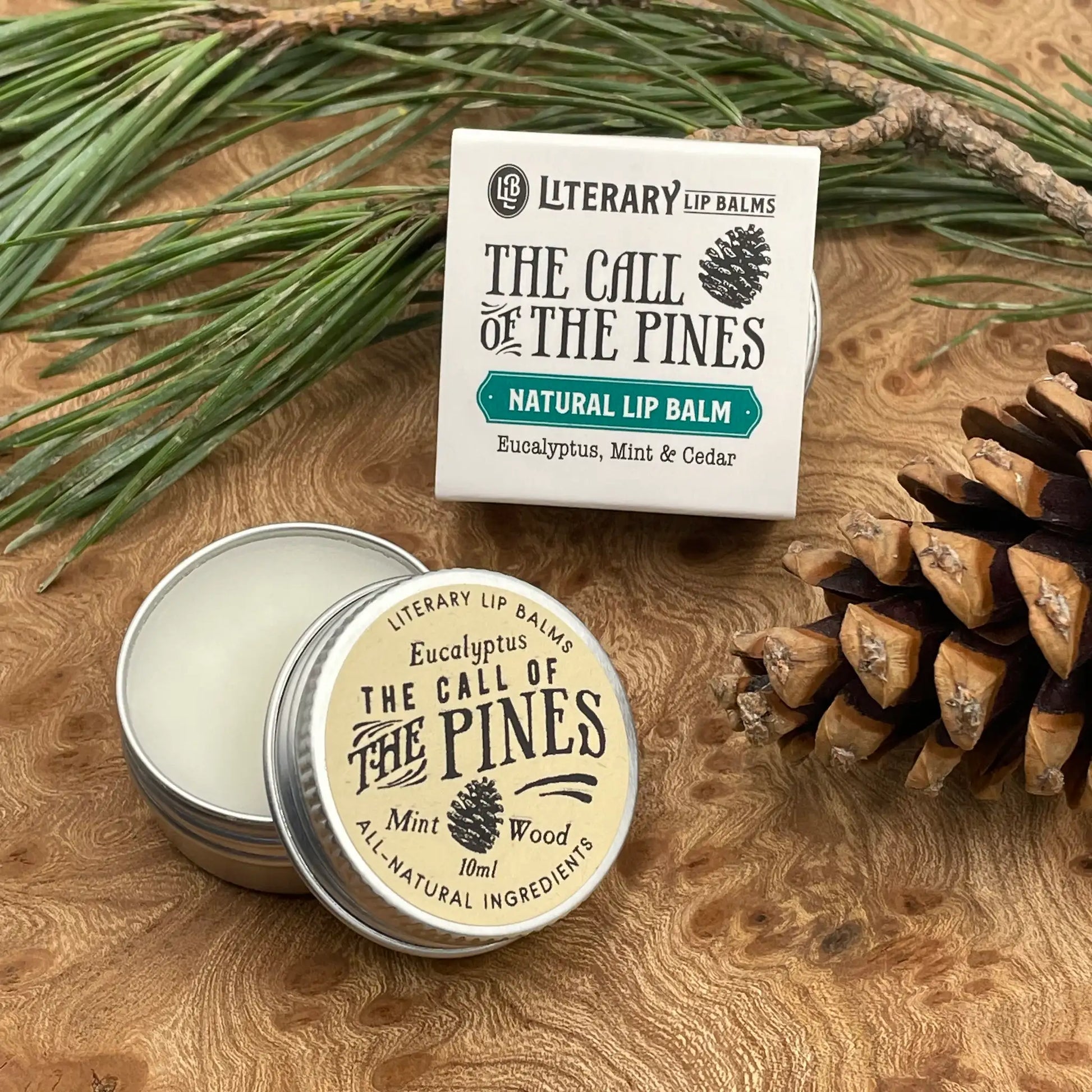 The Call of the Pines Lip Balm, made my Literary Lip Balms and packaged in a recyclable eco-friendly and pocket-sized tin.