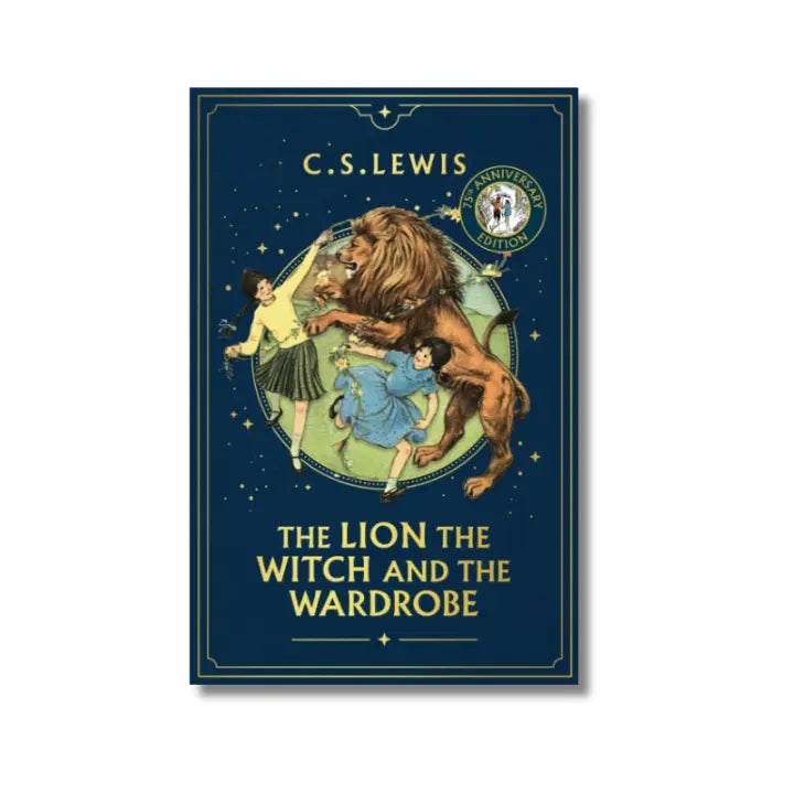 Book cover of 'The Lion, the Witch and the Wardrobe' by C.S. Lewis with a lion, two children illustration.