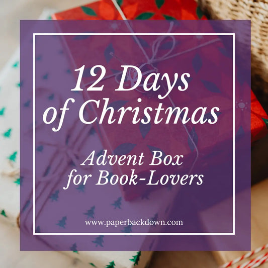 Advent calendar with books and a purple overlay text '12 Days of Christmas Advent Box for Book-Lovers' by Paperback Down