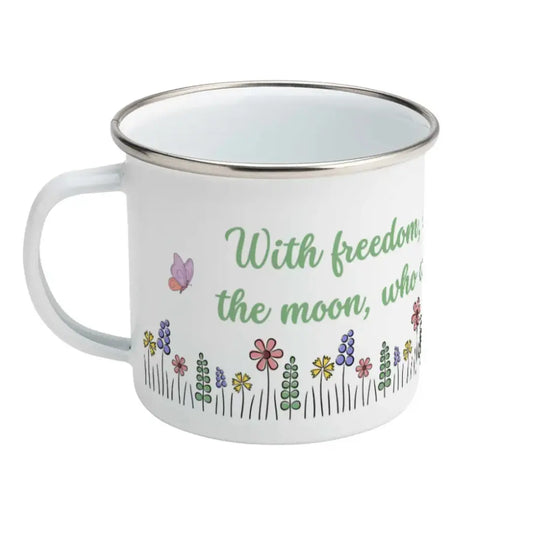 Enamel Book Mug "With Freedom, Books, Flowers and the Moon"